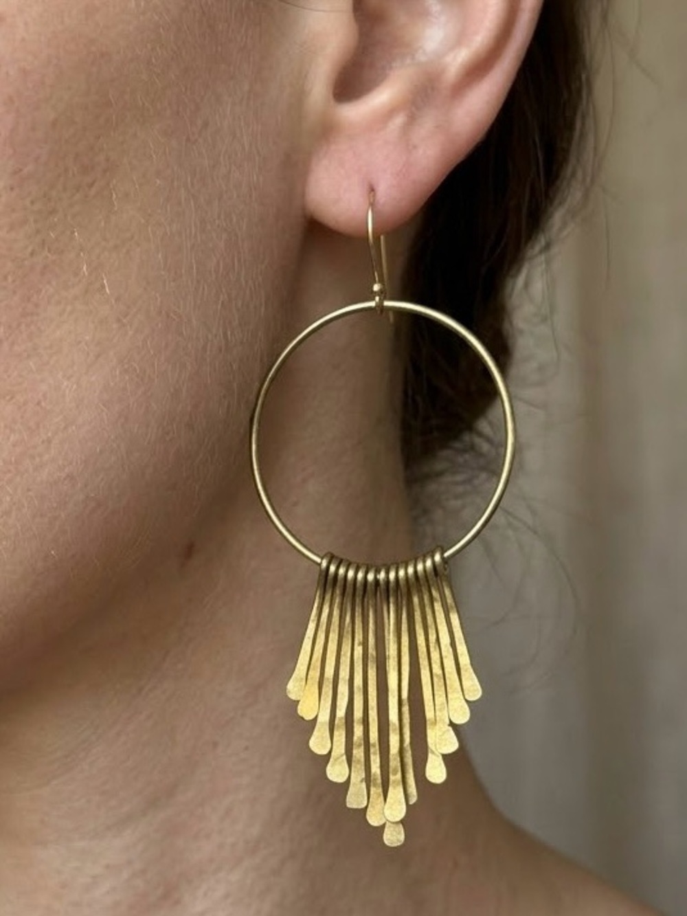 Bohemian Hammered Brass Hoop & Fringe Drop Earrings